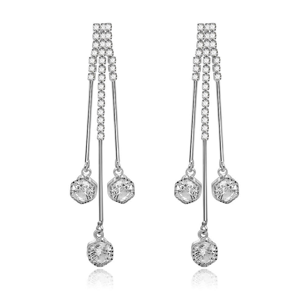 Triple Clear Round Long Drop Earrings